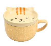 Daelesr Cartoon Ceramic Breakfast Milk Tea Mug, Cat Mug Cute Ceramic Coffee Cup 300ML, Animal Coffee Tea Cup Set with Lid Heatable for Birthday Festivals Gifts Girls Boys Teacher Friend (Yellow cat)