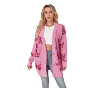 Daenery Women's Button Down Open Front Cardigan Knit Sweaters with Pockets Star Bow Print, Pink Bow, L