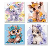 DAERLE 4 Pack Paint by Numbers for Children with Wooden Frame, Cute Elephant, Giraffe, Owl, Dreamy Horse, DIY Paint by Number for Kids Ages 4-8-12, Easy Kids Paint for Home Wall Decor 20X20 cm