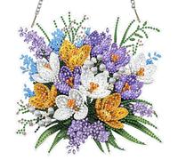 DAERLE Diamond Art Hanging Kits for Adults, Crocus Floral Bouquet, Diamond Art Beautiful Flowers, 5D Special Shape Diamond Painting Pendant Window Ornament Gifts for Home Wall Garden Decor