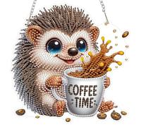 DAERLE Diamond Art Hanging Ornaments for Adults, Adorable Hedgehog, Diamond Painting Kits Hedgehog with Coffee, Special Shaped Crystal Gem Art Pendent Kits for Home Window Door Wall Decor