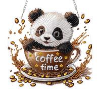 DAERLE Diamond Art Hanging Ornaments for Adults, Coffee Panda, Diamond Painting Kits Cute Panda, Special Shaped Crystal Gem Art Pendent Kits for Home Window Door Wall Decor