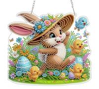 DAERLE Diamond Art Hanging Ornaments with Chain for Adults Kids, Happy Easter Bunny, Special Shaped Diamond Painting Pendant Kits Cute Bunny, DIY Crystal Gem Art Kits for Home Door Wall Decor