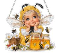 DAERLE Diamond Art Hanging Ornaments with Chain for Adults Kids, Whimsical Bee Fairy, Special Shaped Diamond Painting Pendant Kits Cute Honey Bee, DIY Crystal Gem Art Kits for Home Door Wall Decor