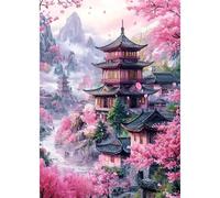 DAERLE Diamond Painting Flowers and Ancient Building, Diamond Art Kits for Adults, Cherry Blossom Landscape, 5d Diamond Painting Kits for Adults, Gem Art Kits and Crafts for Home Decor 12x16inch