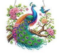 DAERLE Elegant Peacock Diamond Art Hanging Ornaments for Adults, Peacock with Flowers, Diamond Painting Kits, Special Shaped Crystal Gem Art Pendent Kits for Home Window Door Wall Decor