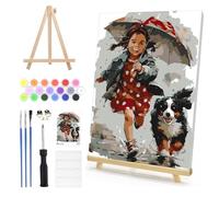 DAERLE Paint by Numbers for Adults Framed with Wooden Easel, Cute Girl with an Umbrella, Paint by Number Kits with Brushes, Running in the Rain, Oil Painting Canvas Kits for Home Wall Decor 8X12 Inch