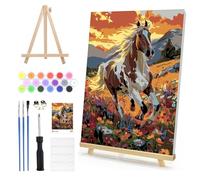 DAERLE Paint by Numbers for Adults Framed with Wooden Easel, Running Horse, Paint by Number Kits with Brushes, Horse in Flower Field, Oil Painting Canvas Kits for Home Wall Decor 8X12 Inch