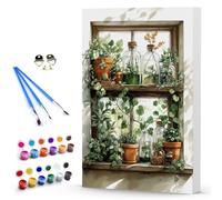 DAERLE Painting by Number Kits for Adult with Wooden Frame, Watercolour Windowsill Plant, DIY Canvas Oil Painting Kit for Beginner with Paint Brushes Acrylic Pigment Drawing Paintwork Decor 20x30cm
