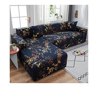 Daesar Corner Sofa Cover Stretch, Sofa Couch Covers For 3 Cushion Couch Retro Leaves Pattern Slipcovers For Sofas Navy Blue Brown Yellow (Polyester 3 Seater)