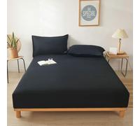 Daesar Fitted Bed Sheet 193 x 203 cm, Fitted Bedsheet Cotton 27-45cm Deep Pocket Solid Color Soft Easy Care Bed Cover Bedding with 2 Pillow Cases, Black
