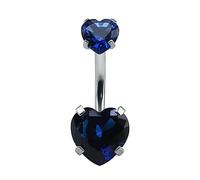 Daesar Navel Belly Bar, Surgical Steel Belly Bars Dangly Navel Piercing Ring Double Heart Cubic Zirconia Dark Blue Silver Navel Piercing