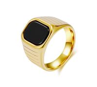Daesar Stainless Steel Anniversary Rings for Men, Promise Ring 16MM Wide Cocktail Chunky Carved Lines with Black Stone Wedding Bands Rings for Men Gold Size T 1/2