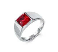Daesar Stainless Steel Engagement Rings for Men, Anniversary Ring 10MM Wide Polished Design with Square Cubic Zirconia Red Wedding Bands Rings for Men Silver Size P 1/2