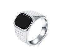 Daesar Stainless Steel Promise Rings for Men, Engagement Ring 16MM Wide Cocktail Chunky Carved Lines with Black Stone Wedding Bands Rings for Men Silver Size P 1/2