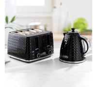 Daewoo Argyle Jug Kettle & 4 Slice Toaster Set, 1.7L 3KW Rapid Boil Stylish Textured Design, Removable Filter, Reheat & Defrost Functions, Perfect for Modern Kitchens, Black