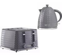 Daewoo Argyle Jug Kettle & 4 Slice Toaster Set, 1.7L 3KW Rapid Boil Stylish Textured Design, Removable Filter, Reheat & Defrost Functions, Perfect for Modern Kitchens, Grey