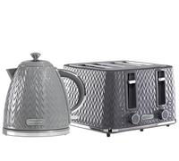 Daewoo Argyle Jug Kettle & 4 Slice Toaster Set, 1.7L 3KW Rapid Boil Stylish Textured Design, Removable Filter, Reheat & Defrost Functions, Perfect for Modern Kitchens, Grey