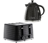 Daewoo Argyle Jug Kettle & 4 Slice Toaster Set, 1.7L 3KW Rapid Boil Stylish Textured Design, Removable Filter, Reheat & Defrost Functions, Perfect for Modern Kitchens, Black