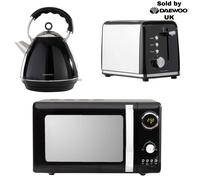 Daewoo Black 3-Pack Kensington Collection Matching 800W Microwave Kettle and Toaster Set 2-Slice Rapid Boil Pyramid