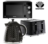Daewoo Black 'argyle' 3Kw 4 Slice 23L Matching Kettle Toaster & Microwave Set Black