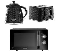 Daewoo Black Argyle Kettle, 4-Slice Toaster & Microwave Bundle