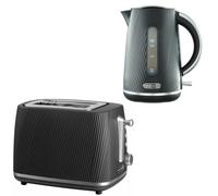 Daewoo Cascade Kettle & Toaster Set - 1.7L Rapid Boil Electric Kettle & 2 Slice Toaster Bundle - Black Ribbed Finish, Adjustable Browning, Reheat & Defrost, Removable Crumb Tray, Limescale Filter