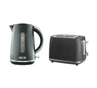 Daewoo Cascade Kettle & 2 Slice Toaster Bundle Set, Textured, 1.7L, Wide Slots, Black