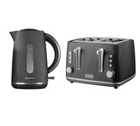 Daewoo Cascade Kettle & 4 Slice Toaster Bundle Set, Textured, 1.7L, Wide Slots, Black