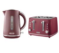 Daewoo Cascade Kettle & 4 Slice Toaster Bundle Set, Textured, 1.7L, Wide Slots, Ruby Red