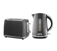 Daewoo Cascade Kettle & Toaster Set - 1.7L Rapid Boil Electric Kettle & 2 Slice Toaster Bundle - Black Ribbed Finish, Adjustable Browning, Reheat & Defrost, Removable Crumb Tray, Limescale Filter