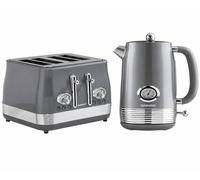 DAEWOO Denver Retro Kettle & Toaster Bundle Set - Smoked Grey, 1.5L Kettle, Rapid Boil, 4-Slice Wide Slots Retro Toaster