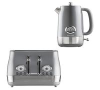 Daewoo Denver Breakfast Set - Smoked Grey, Retro 1.5L Rapid Boil Kettle & 4 Slice Wide Slot Toaster, Temperature Gauge, Defrost, Reheat, Cancel Functions, Ideal for Stylish Kitchens
