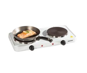 Daewoo Double Electrical Hot Plate, Dual Adjustable Thermostatic Controls, Non-Slip Feet, Compact And Portable With Indictor Light- White