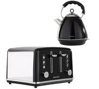 (Black) Daewoo Kensington Retro Electric Matching Toaster and Kettle Set 1.7L Rapid Boil 4 Slice Vintage Combo Bundle Pack Stainless Steel Range Combo