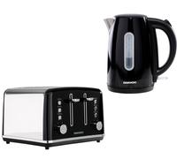(Black) Daewoo Kensington Retro Matching Stainless Steel 4 Slice Toaster and Kettle Set 1.7 Litres Rapid Boil Auto Off Easy Clean Defrost Reheat