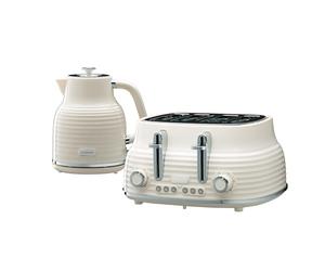 Daewoo Sienna Kettle and Toaster Set, 1.7L 3KW Rapid Boil Kettle & 4 Slice Wide Slot Toaster, Defrost, Reheat, Browning Control, Stylish Cream Breakfast Bundle