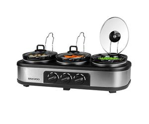 Daewoo Triple Slow Cooker 3 x 1.5L - Multi-Pot Electric Buffet Server with Individual Heat Settings (Low, High & Keep Warm), Ideal for Entertaining, Batch Cooking, and Family Meals, Black