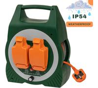 Daewoo Weatherproof Extension Reel 15m, 2 Socket Outdoor Cable Reel with Safety Cover, Thermal Cut-Out & Carry Handle, Heavy Duty Power Reel for Garden, Garage, Camping, DIY