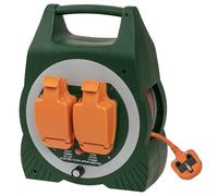 Daewoo Weatherproof Extension Reel 15m, 2 Socket Outdoor Cable Reel with Safety Cover, Thermal Cut-Out & Carry Handle, Heavy Duty Power Reel for Garden, Garage, Camping, DIY