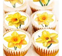 Daffodil Cake Toppers - Edible Welsh Daffodils Cupcake Decorations - PRECUT - Icing or Wafer - 4cm x 24 - St David's Day - Wales - Easter (wafer)
