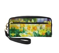 Daffodil Flower Double-Sided Printed Leather Portable Makeup Pouch-Multi-Purpose Cosmetic Bag, Pencil Case and Organizer for Women