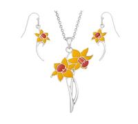 Daffodil Flower Necklace & Earrings Set - Yellow & Red Enamel Pendant (45mm) with Matching Drop Earrings, Silver Tone Chain, Gift Boxed Jewelry for Women, Botanical Design