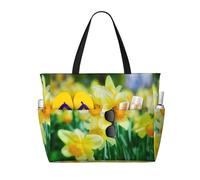 Daffodil Flower Print Large Waterproof Beach Tote Bag for Women with Zip and Pockets Foldable Handbag for Travel Pool Shopping Holiday Gym