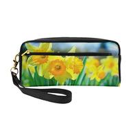 Daffodil Flower Printed Leather Makeup Bags with Wrist Strap Portable Travel Toiletry Bag Cosmetic Organizer Bag for Women