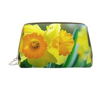 Daffodil Flower Printed Small Makeup Bag Portable Leather Make up Bag Travel Zipper Cosmetic Bags Organizer for Women