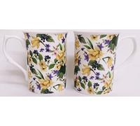 Daffodils Garden Mugs Set of 2 Fine Bone China Yellow Daffodil Flower Cups Hand Decorated in UK