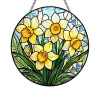 Daffodils Glass Sun Catchers for Windows, Daffodils Suncatcher, Elegant Flower Sun Catcher, Stained Glass Window Hanging Ornament for Garden Balcony & Home, Daffodil Gift for Women Wife and Lover
