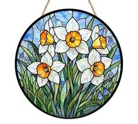 Daffodils Sun Catchers for Windows, Flower Stained Glass Suncatcher, Handmade Window Hanging Ornament, Green Plants Sun Catcher for Garden, Balcony & Home Decor, Daffodil Gifts for Women, Men & Wife