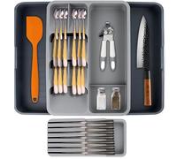 DAFFODILY® Kitchen Storage & Organisation, Adjustable Utensil Drawer Organiser, Extendable Cutlery Drawer Organiser, with Knife's Block, Holds Up to 14 Knife - Flatware Holder (Tray+ Holder)